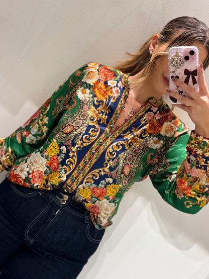 Hale Bob Green & Navy Multi Print Floral Ornate Print Blouse