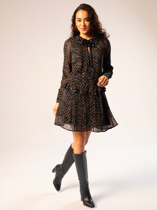 Rose And Nancy Tara Black Star Print Metallic Polka Dot Mini Dress