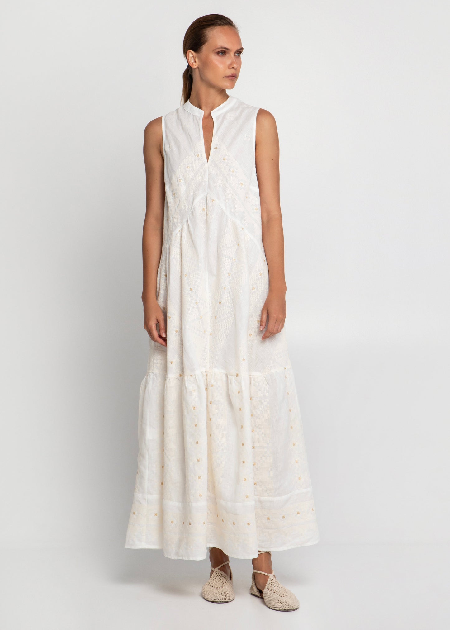 Greek Archaic Kori Embroidered Sleeveless Dress