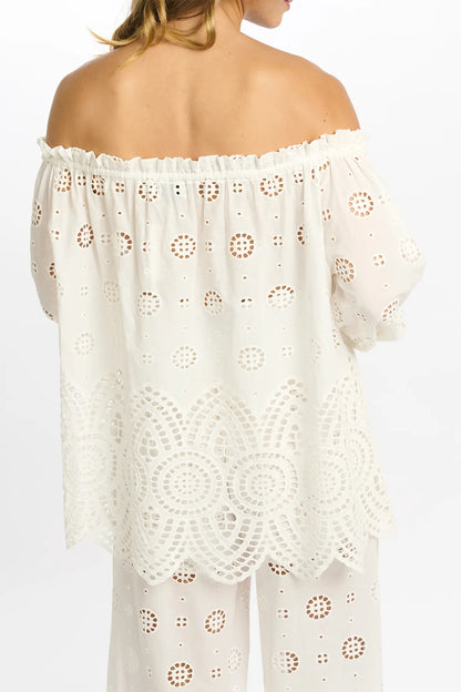 Miss June Opaline Bardot Embroidered Cotton Top In White