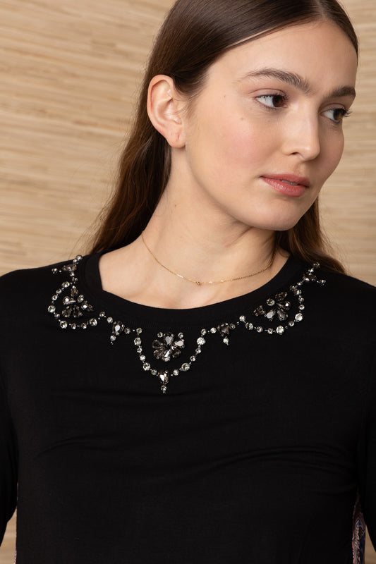 Hale Bob Black Beaded Top With Printed Back
