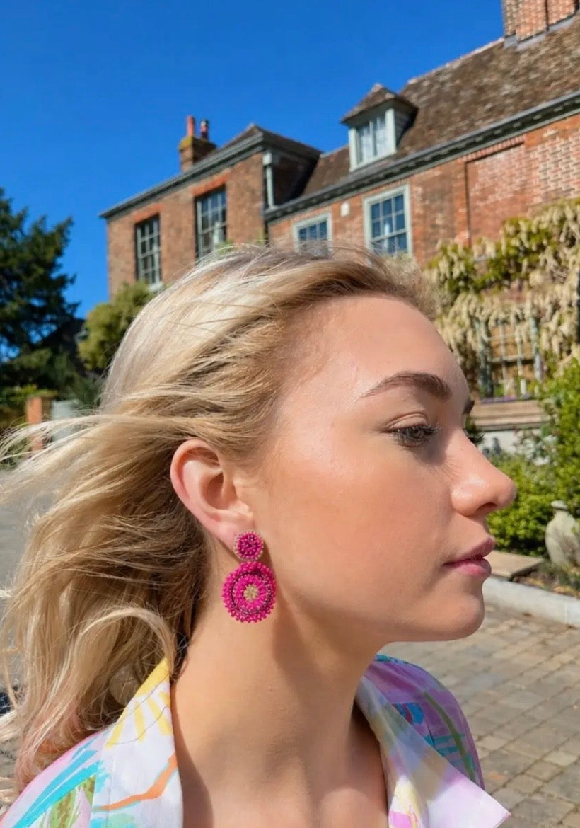 Mini Beaded Circle Drop Earrings in Fuchsia