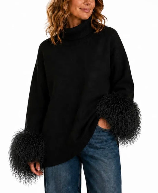 Malissa J High Neck With Detachable Faux Fur Cuff Jumper In Black