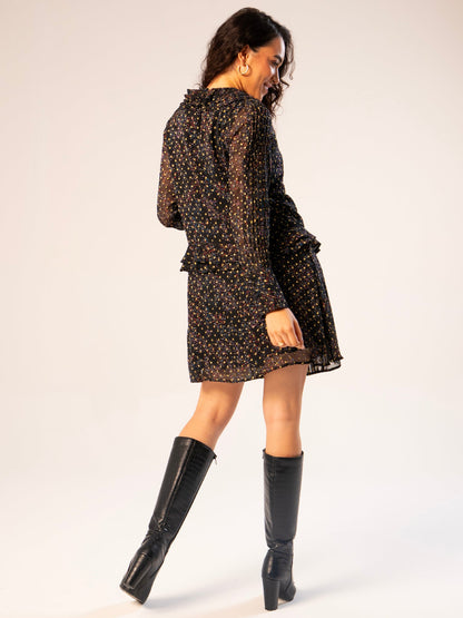 Rose And Nancy Tara Black Star Print Metallic Polka Dot Mini Dress