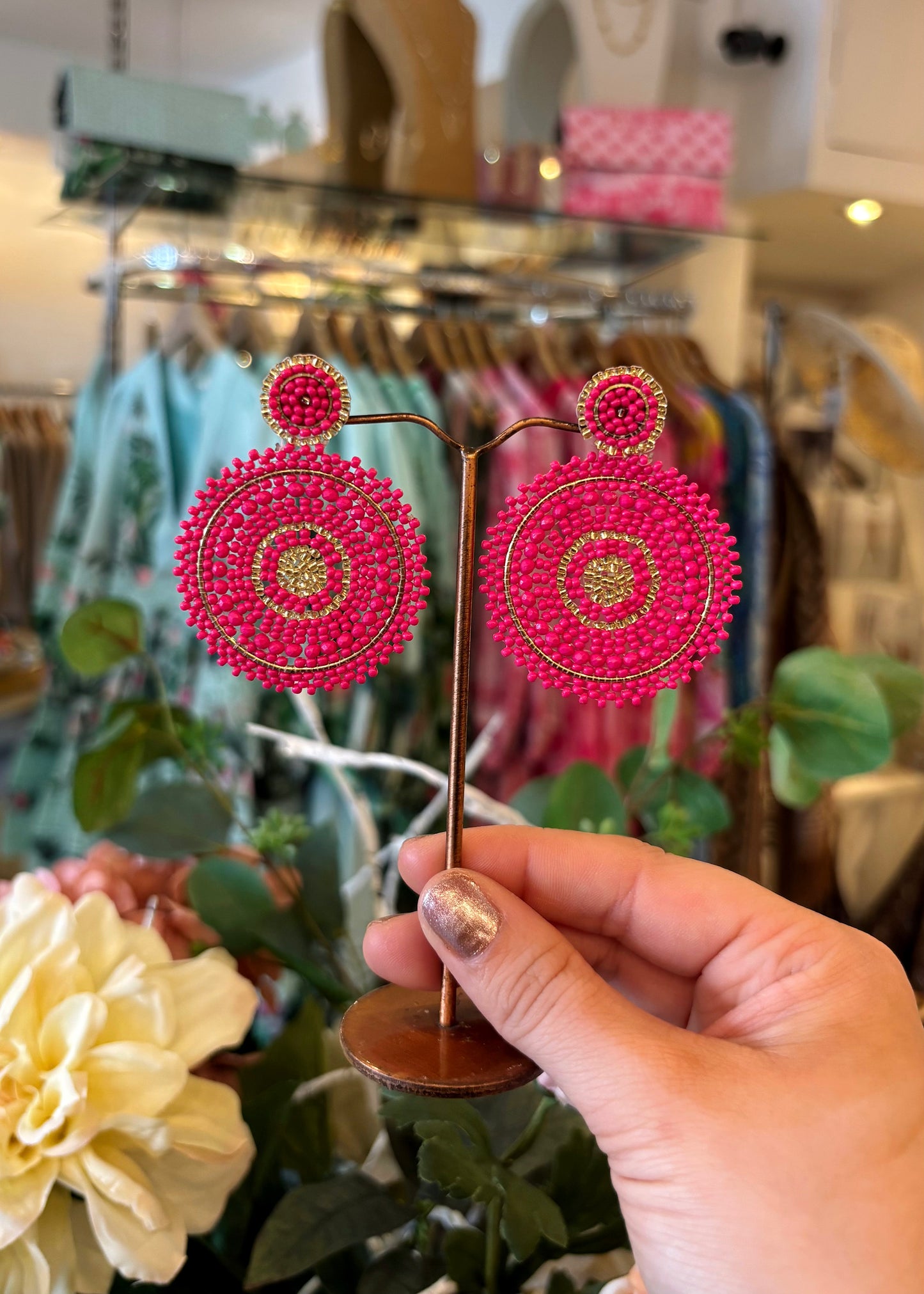 Fuchsia Pink Beaded Circle Earrings