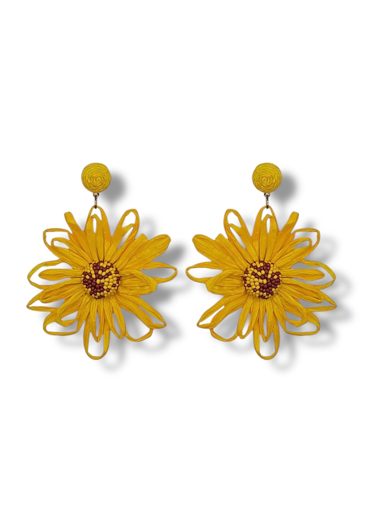 Yellow Raffia Beaded Sunflower Earrings