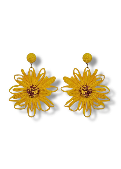 Yellow Raffia Beaded Sunflower Earrings