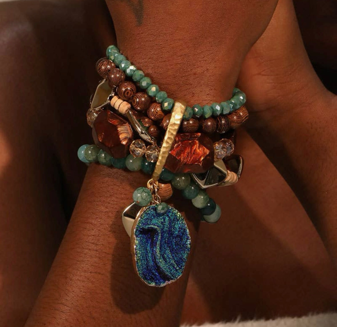 Multi Layered Bracelet With Natural Wood Charms