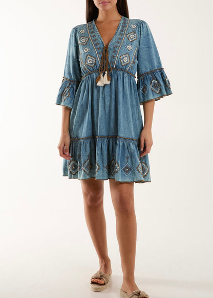 Embroidered Tassel Demin Dress