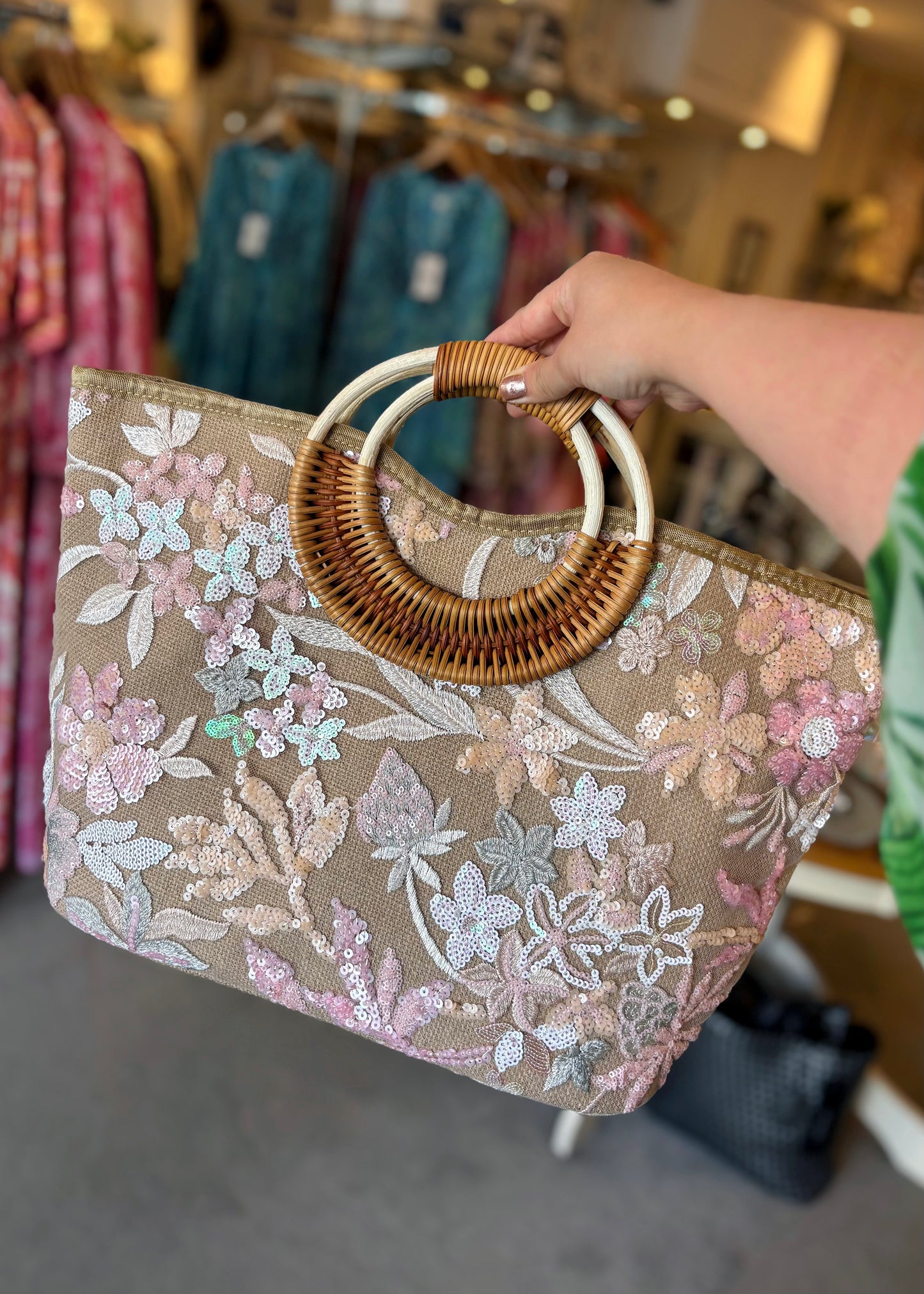 Pink Sequin Flower Handbag With Bamboo Handles