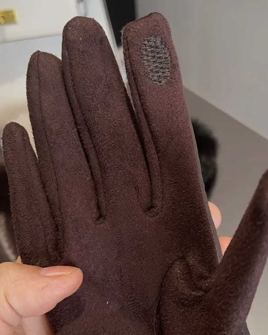Brown Faux Leather Gloves With Faux Fur