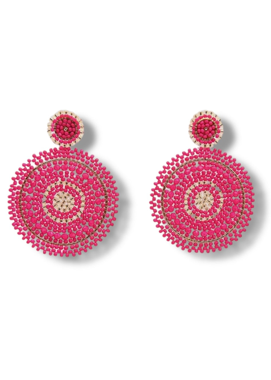 Fuchsia Pink Beaded Circle Earrings