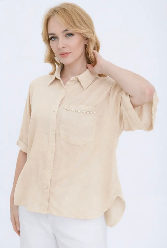 Linen Mix Embellished Pocket Shirt In Camel