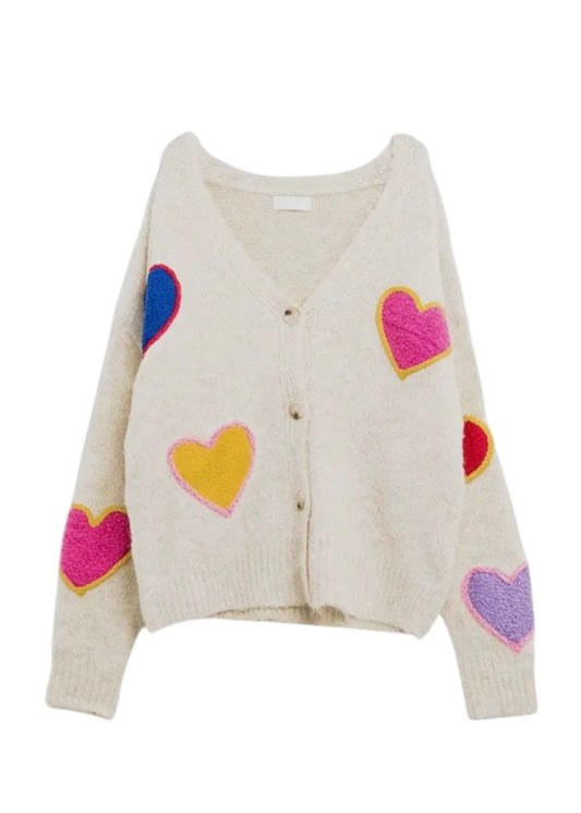 Q2 Beige Knitted Cardigan With Embroidered Hearts