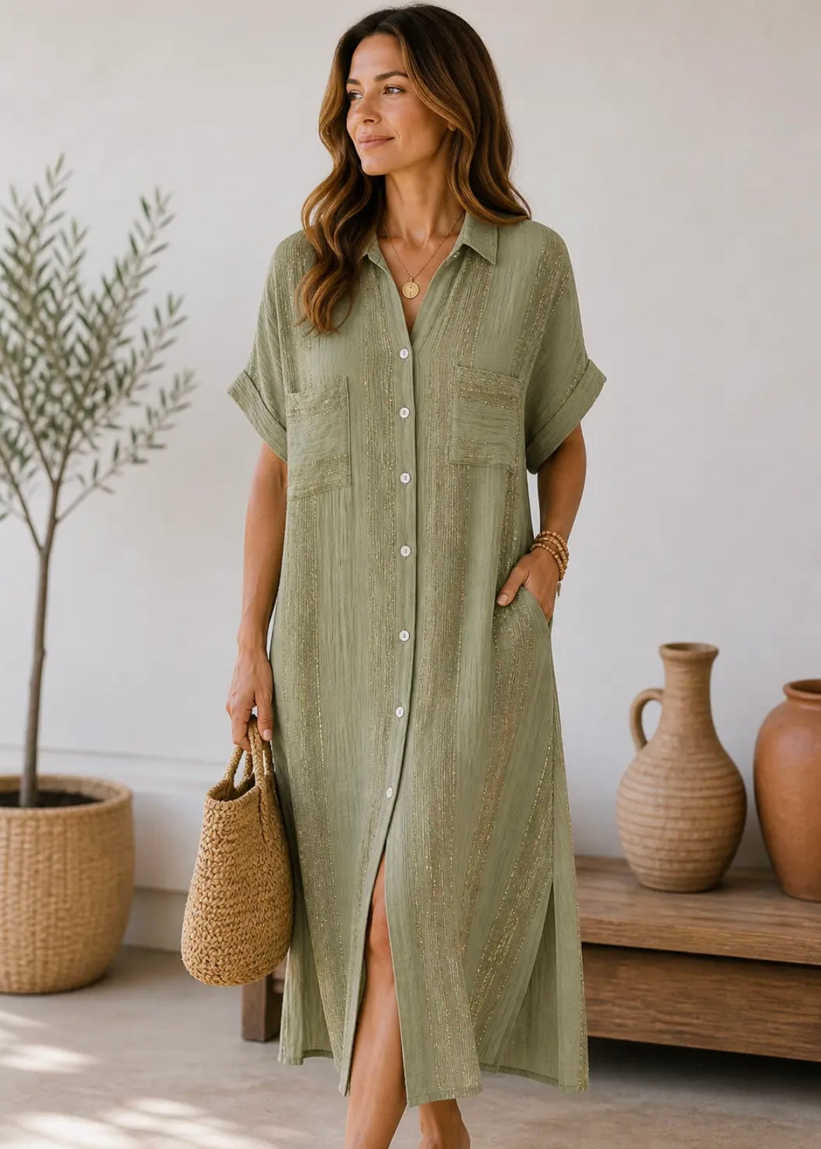 Linen / Cotton Lurex Stripe Shirt Dress In Green