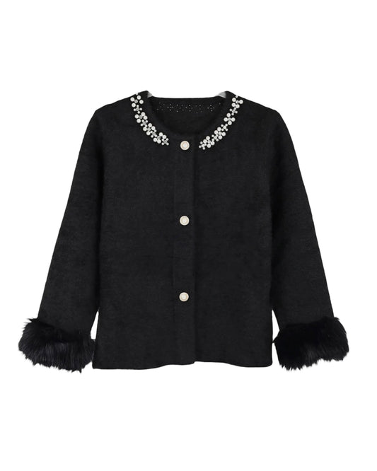 Faux Fur Cuff And Embellished Neck Cardi In Black