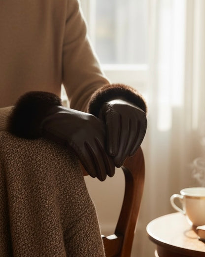 Brown Faux Leather Gloves With Faux Fur