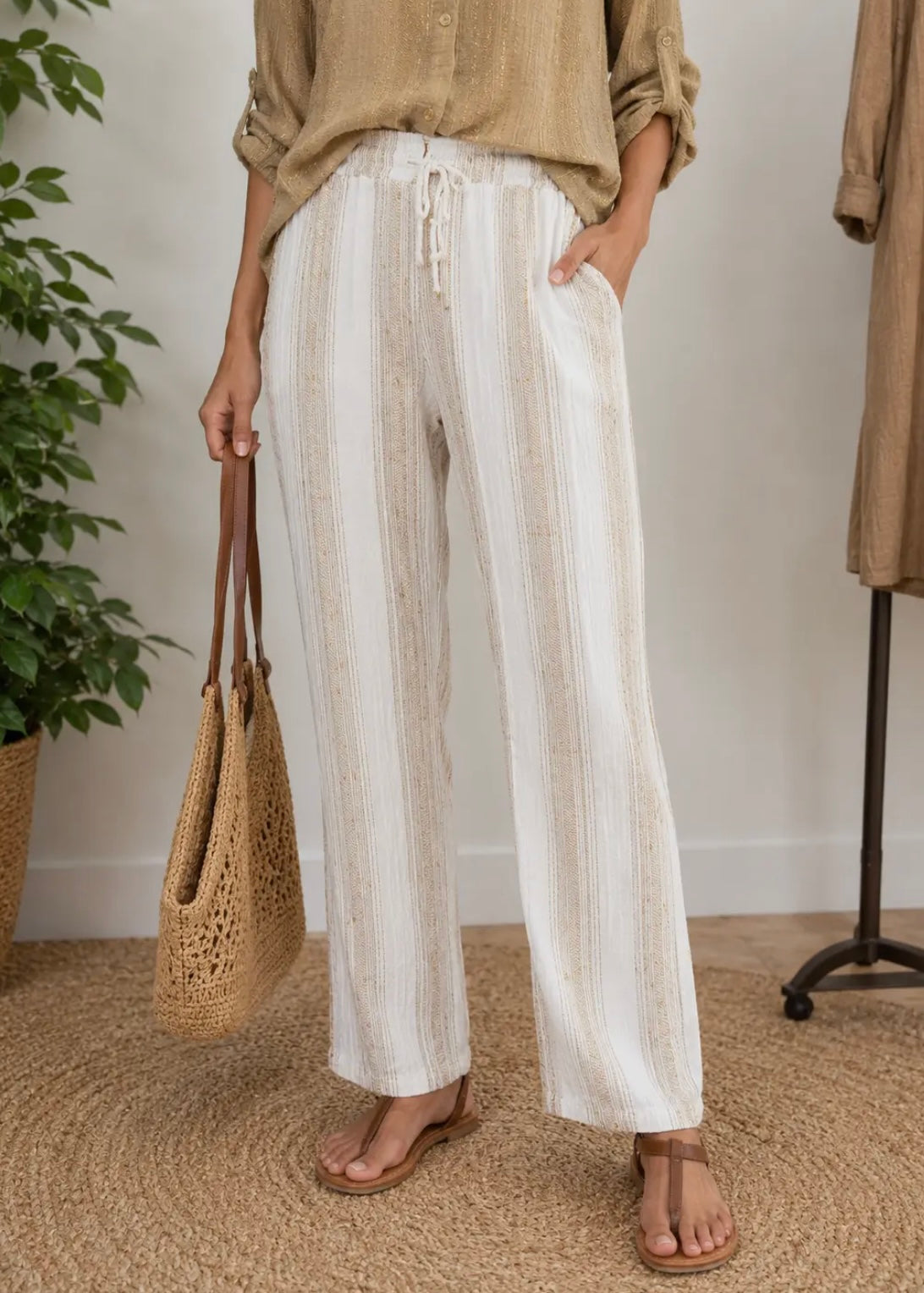 Linen / Cotton Tapered Fits Lurex Stripe Trousers In White