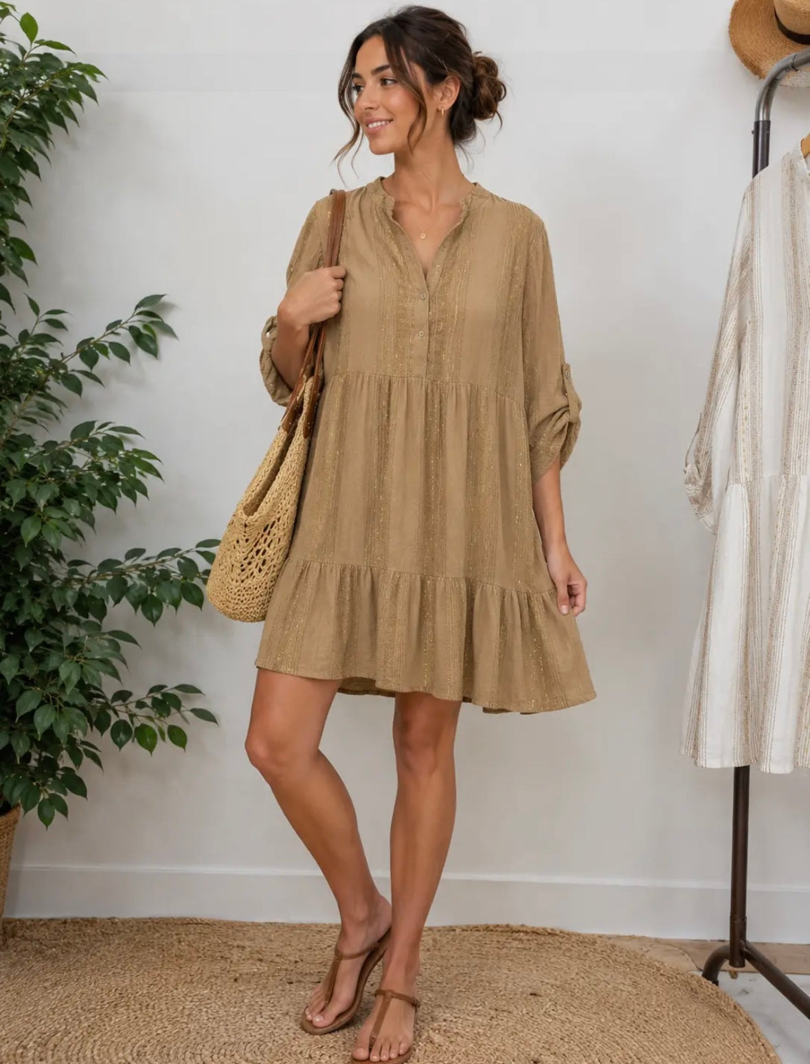 Linen / Cotton Tiered Lurex Stripe Mini Dress In Brown