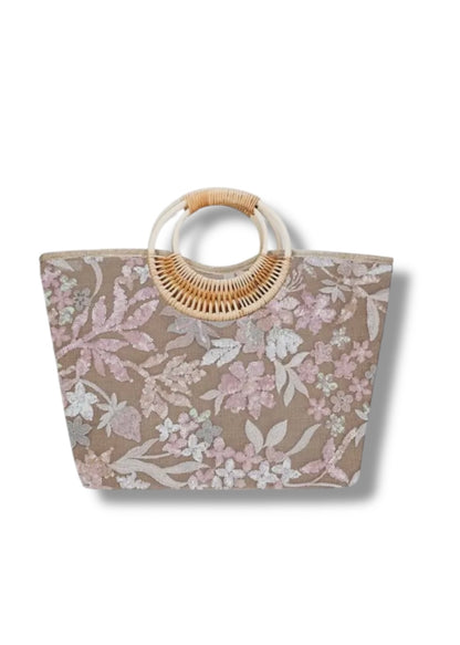 Pink Sequin Flower Handbag With Bamboo Handles
