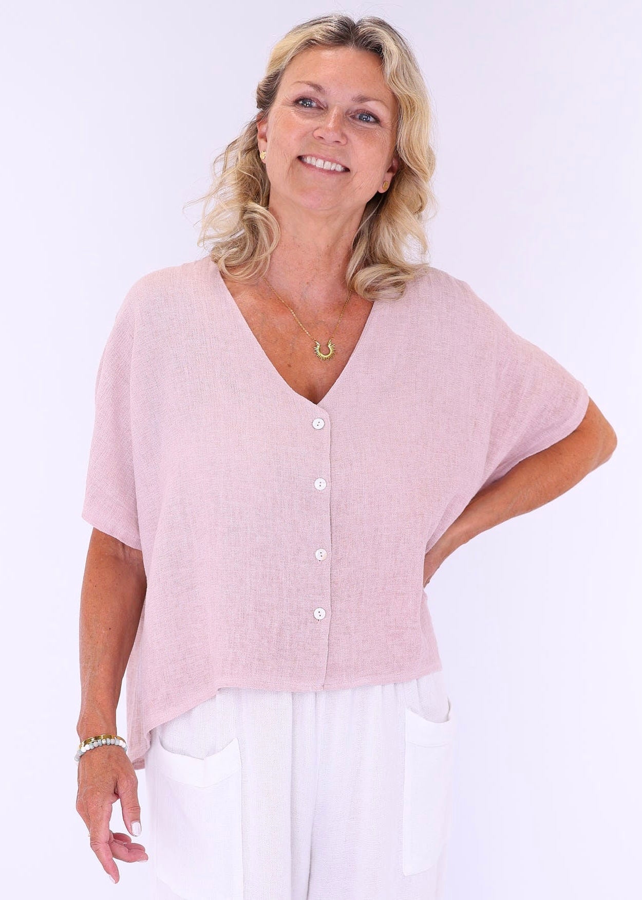 Cadenza Linen and Cotton Blend Short Sleeve Cardigan In Pink
