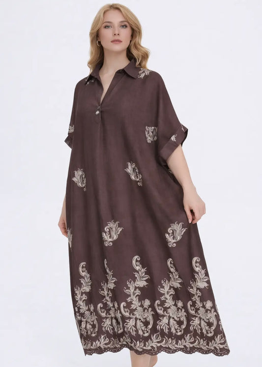 Embroidered Linen Blend Dress In Brown