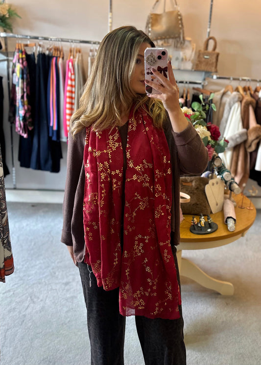 Flower Shimmer Scarf In Burgundy
