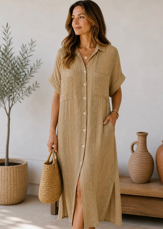 Linen / Cotton Lurex Stripe Shirt Dress In Brown