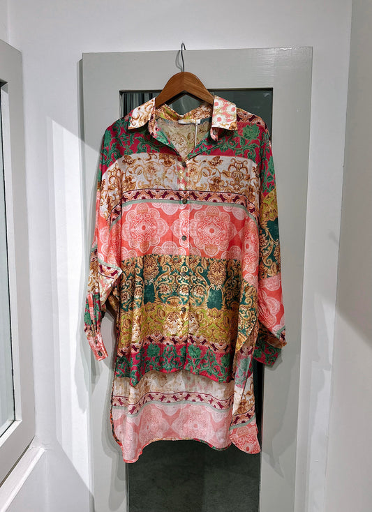 Pink Multi Embellished Patchwork Dipped Hem Shirt