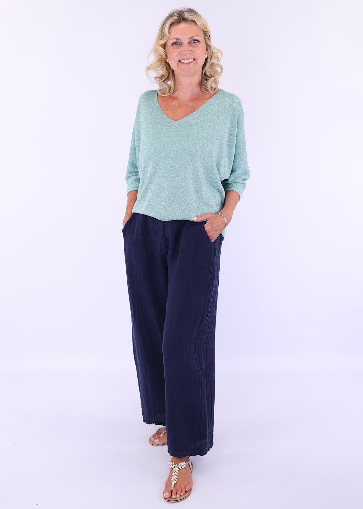 Cadenza Wide Leg Linen Trousers In Navy