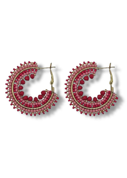 Fuchsia Pink Beaded Mini Hoop Earrings