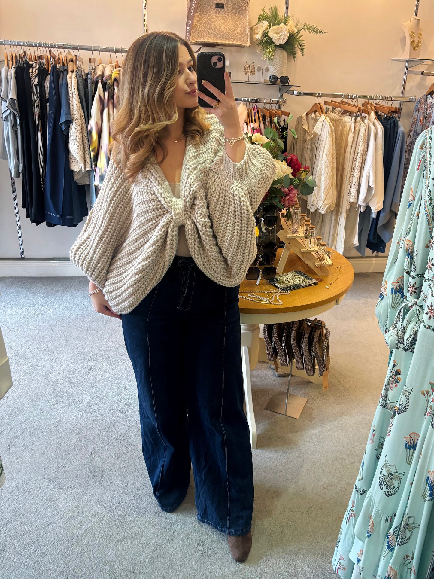 Bow Knit Jumper In Taupe