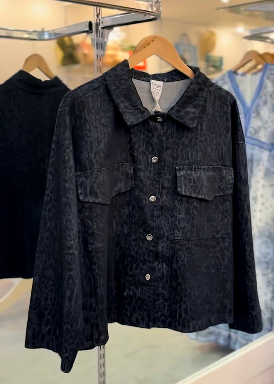 Black Leopard Print Denim Jacket