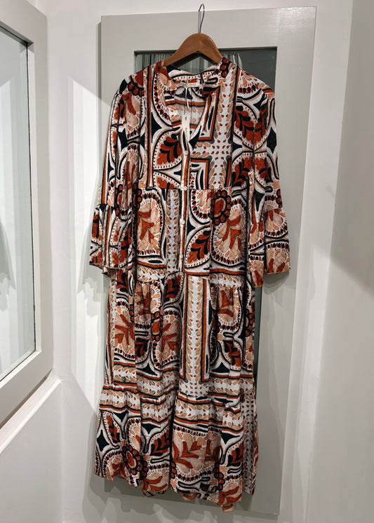 Brown Print Multi-Tiered Long Dress