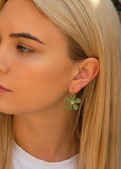 Olive Green Mini Raffia Hook Flower Earrings