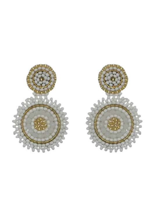 Mini Beaded Circle Drop Earrings In White