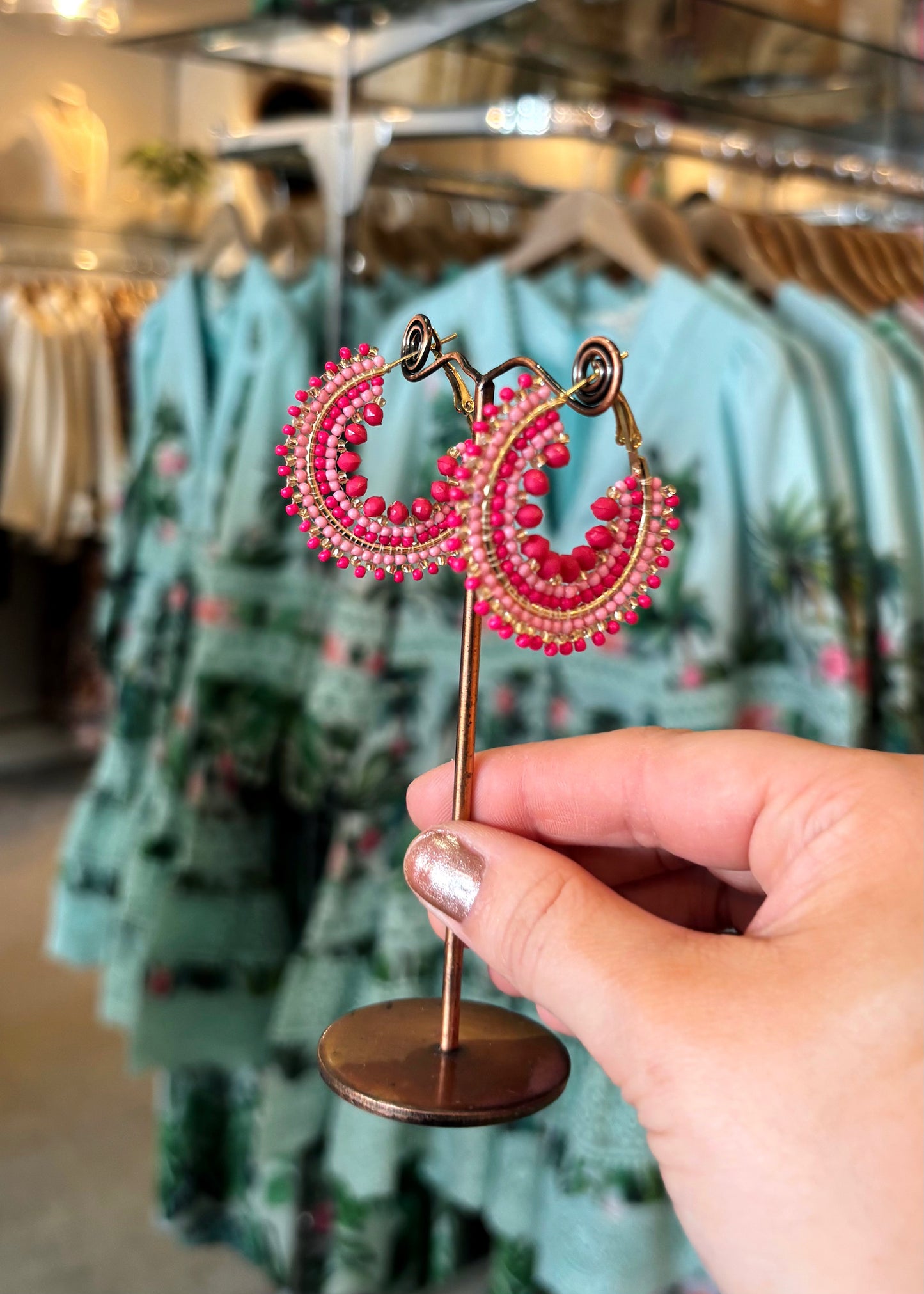 Fuchsia Pink Beaded Mini Hoop Earrings