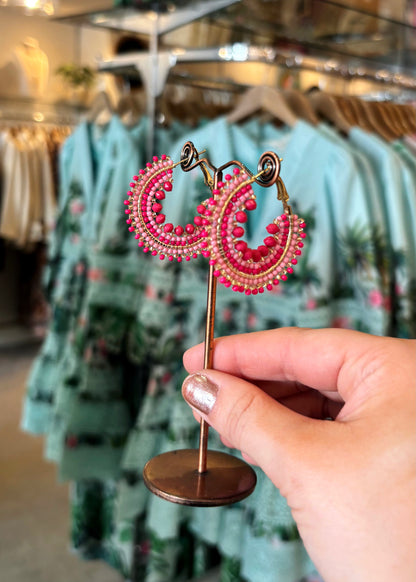 Fuchsia Pink Beaded Mini Hoop Earrings