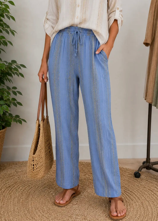 Linen / Cotton Tapered Fits Lurex Stripe Trousers In Blue