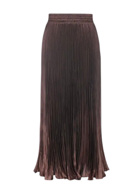 Pleated Shimmer Fluted Hem Long Skirt in Chocolate