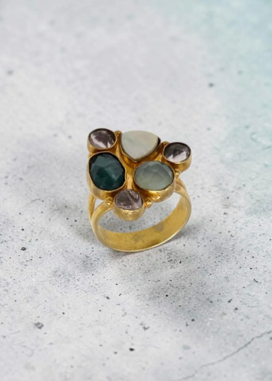 Multi Gem Cluster Pyramid Adjustable Ring