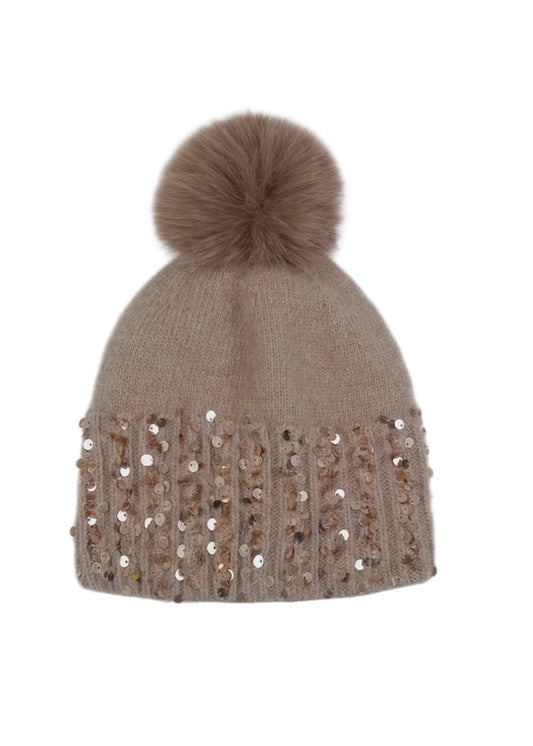 Taupe Sequin Bobble Hat