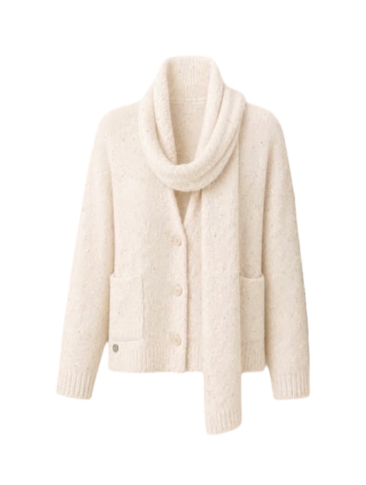 Cream Sparkle Cardigan With Build In Scarf