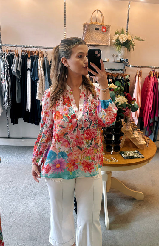 Inoa Premium Silk Pupper Top With Crystals In Pink Floral