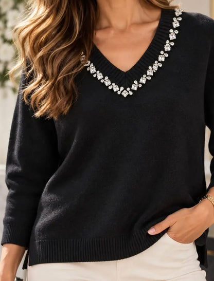 KM Embellished V Neck Jumper In Black