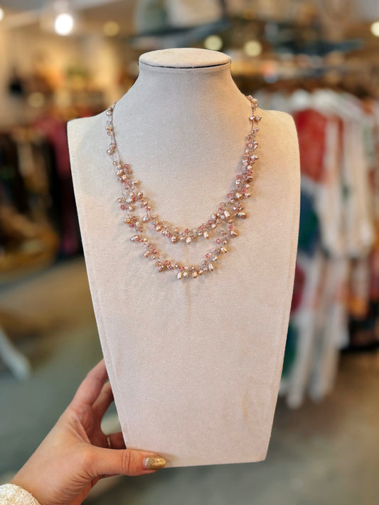 Rose Quartz & Glass Beads on Silk Threads Necklace