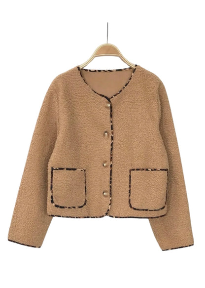 Caramel Teddy Jacket With Leopard Trim