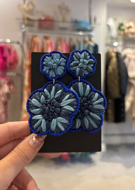 Blue Fabric Beaded Earrings