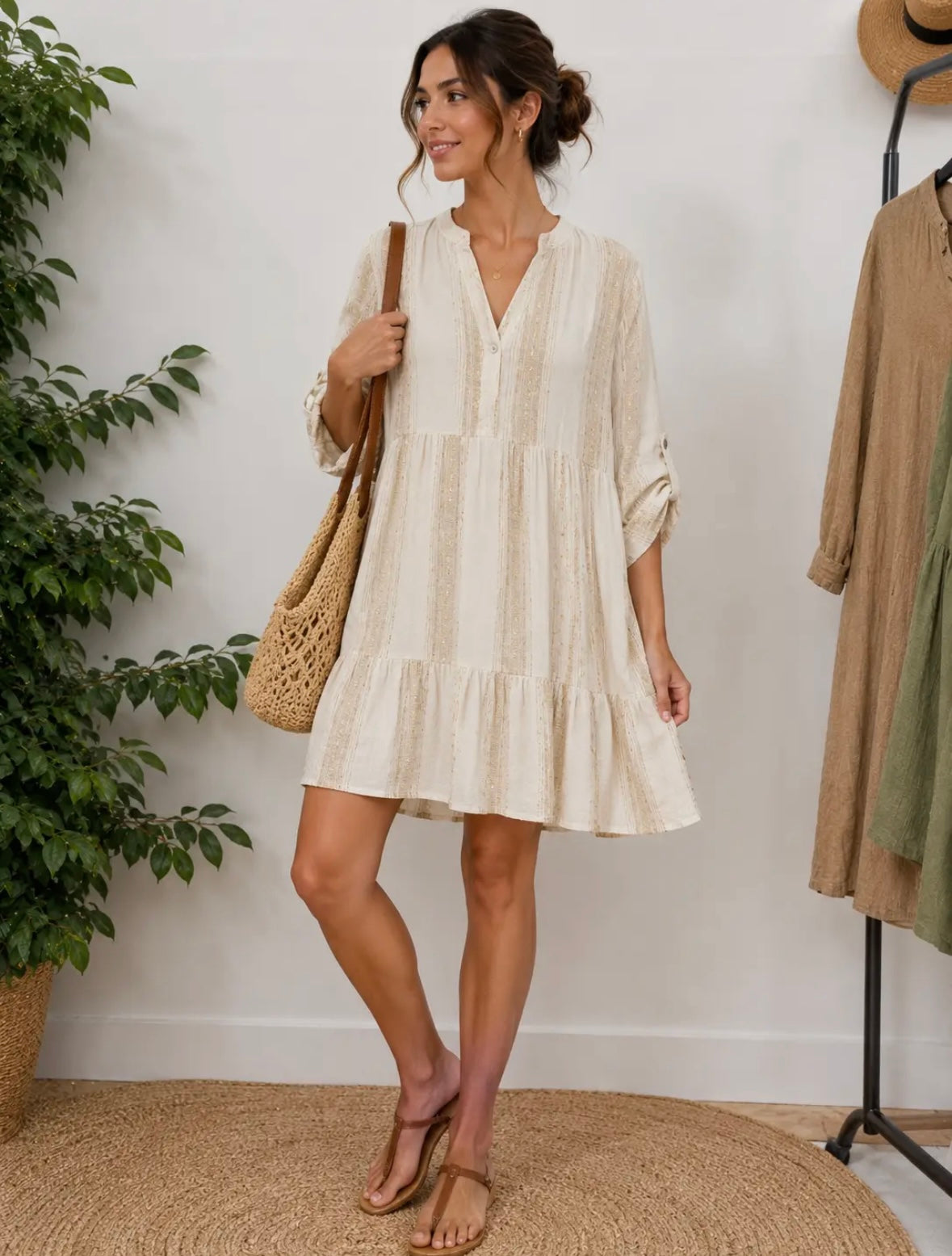 Linen / Cotton Tiered Lurex Stripe Mini Dress In Beige