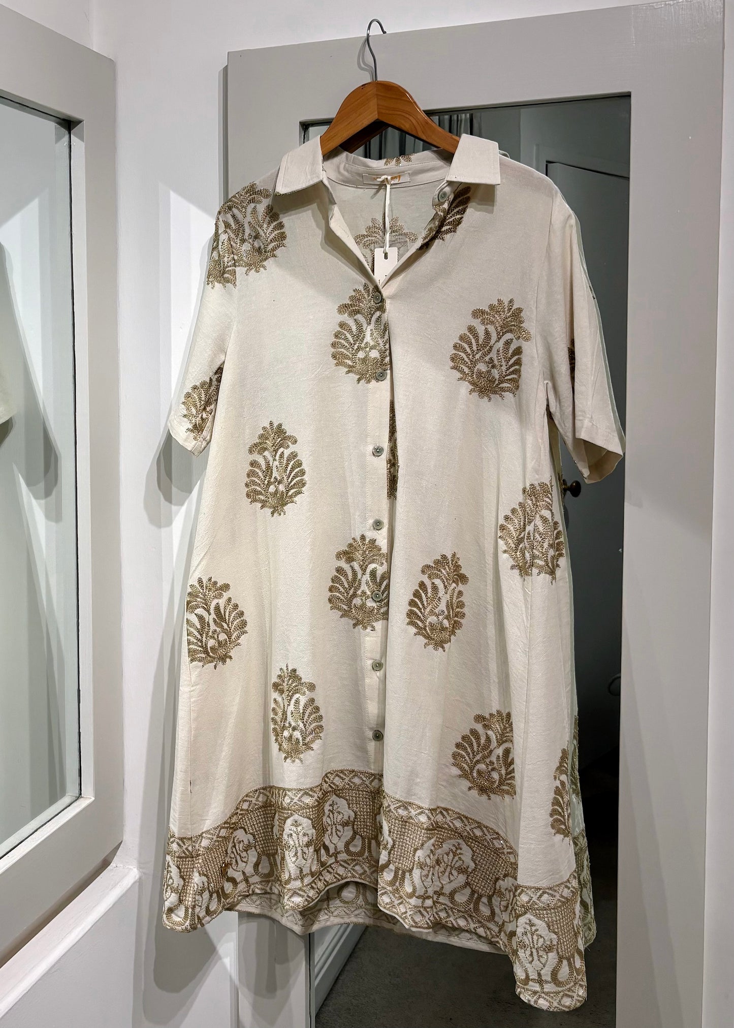 Cotton Shirt Dress With Gold Embroidery
